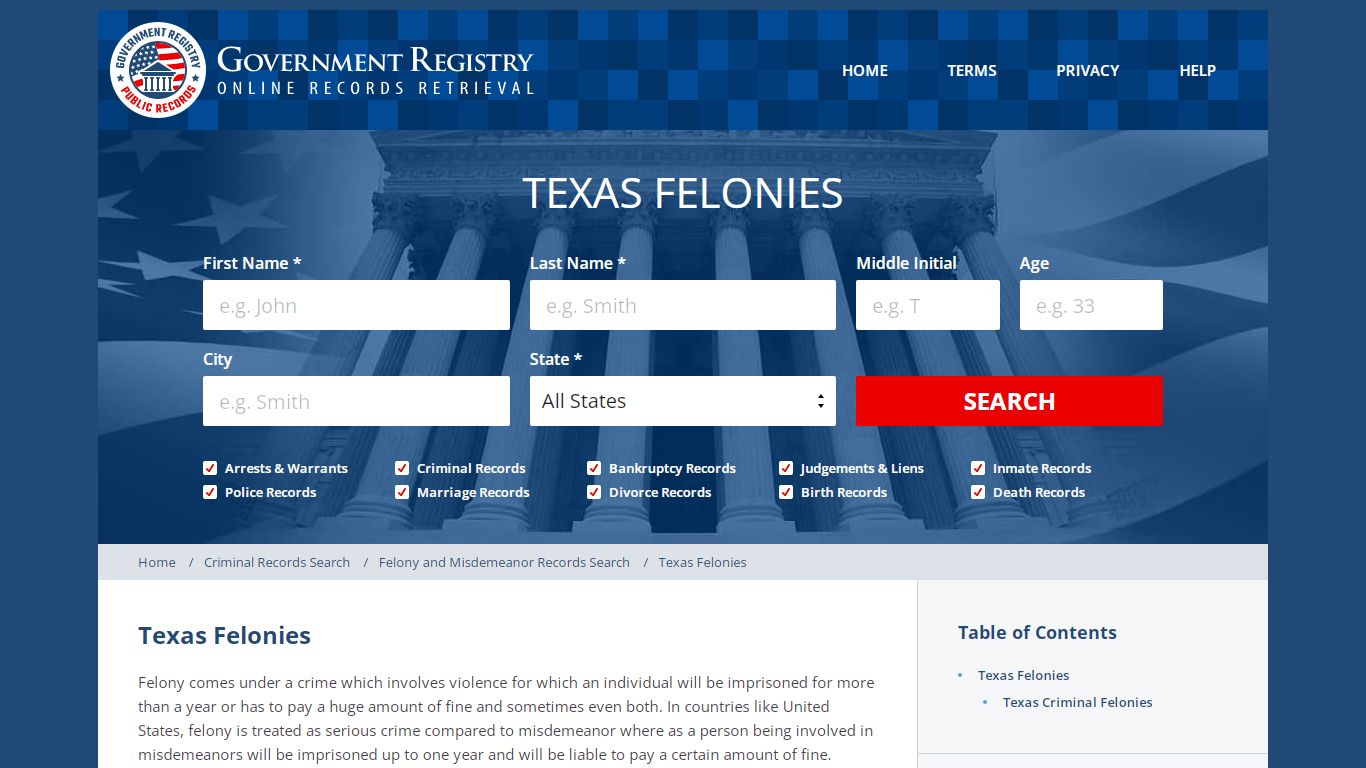 Texas Felonies | Felony Charges In Texas | GovernmentRegistry.org